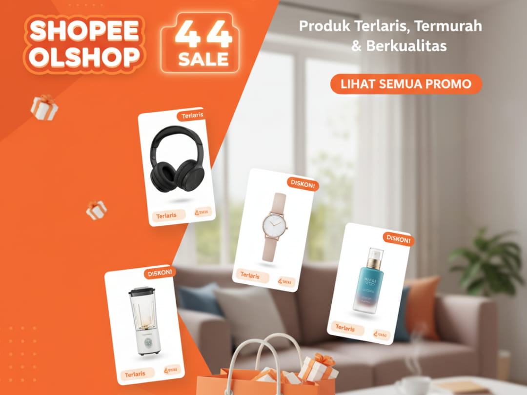 Banner promosi Shopee Olshop 4.4 Sale. Menampilkan teks 'Produk Terlaris, Termurah dan Berkualitas' dan beberapa produk diskon seperti headphone, jam tangan, blender, dan serum wajah.
